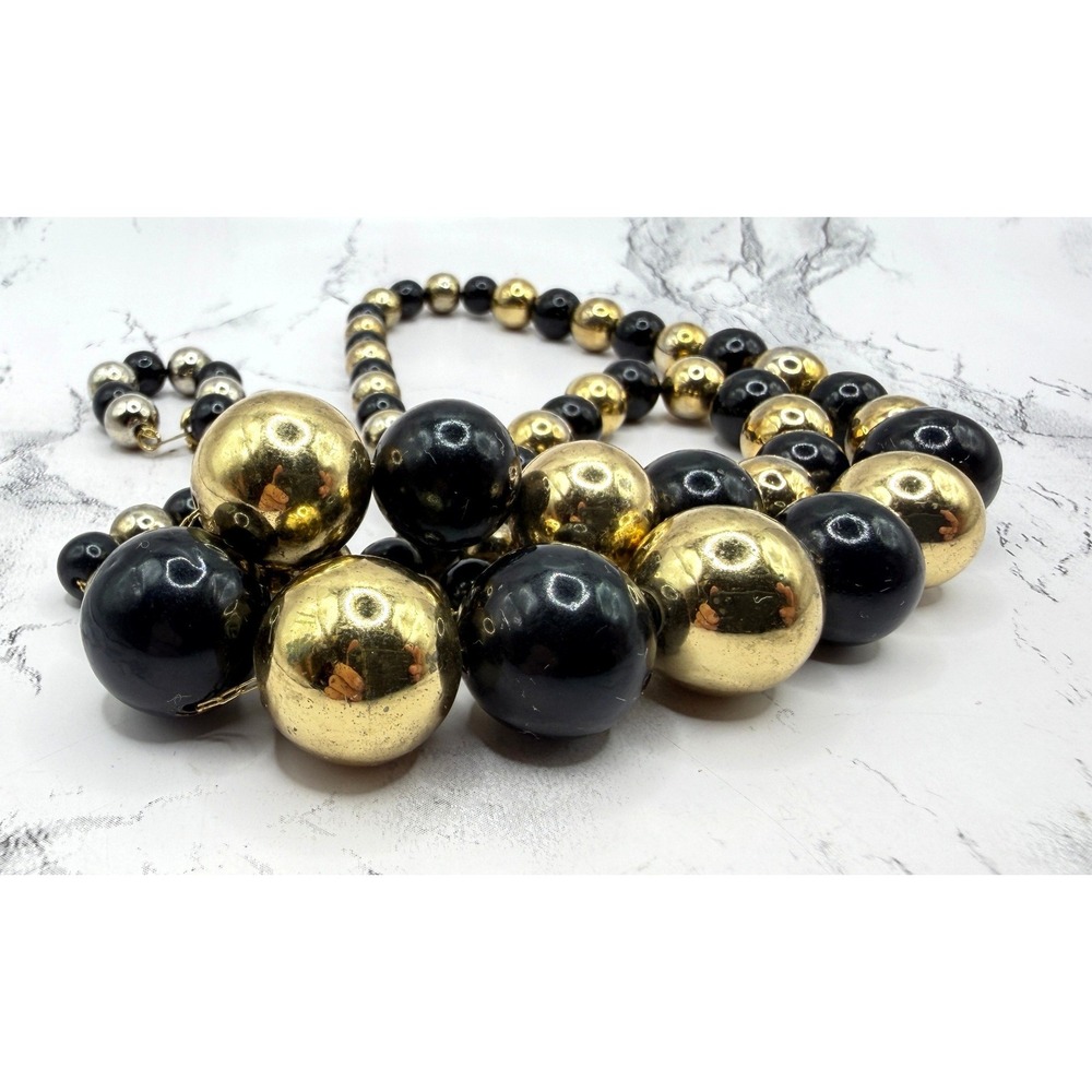 Black Gold Beaded Necklace Long 29" Graduated Statement Chain 8-18mm beads - Picture 5 of 5